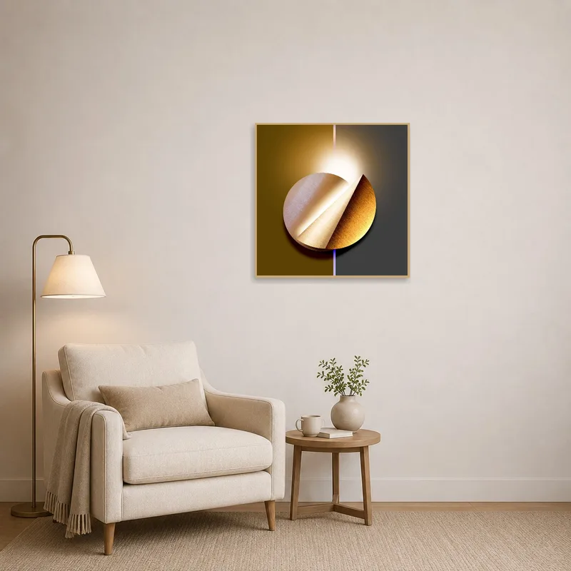 Reading corner adorned with an elegant geometric circle design piece.