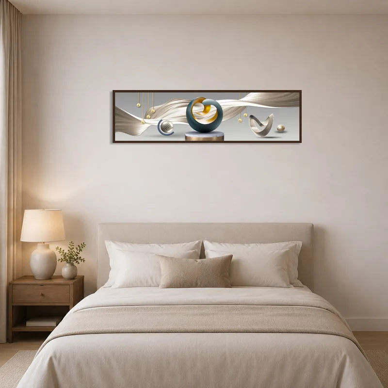 Contemporary geometric art adding flair to a serene bedroom.