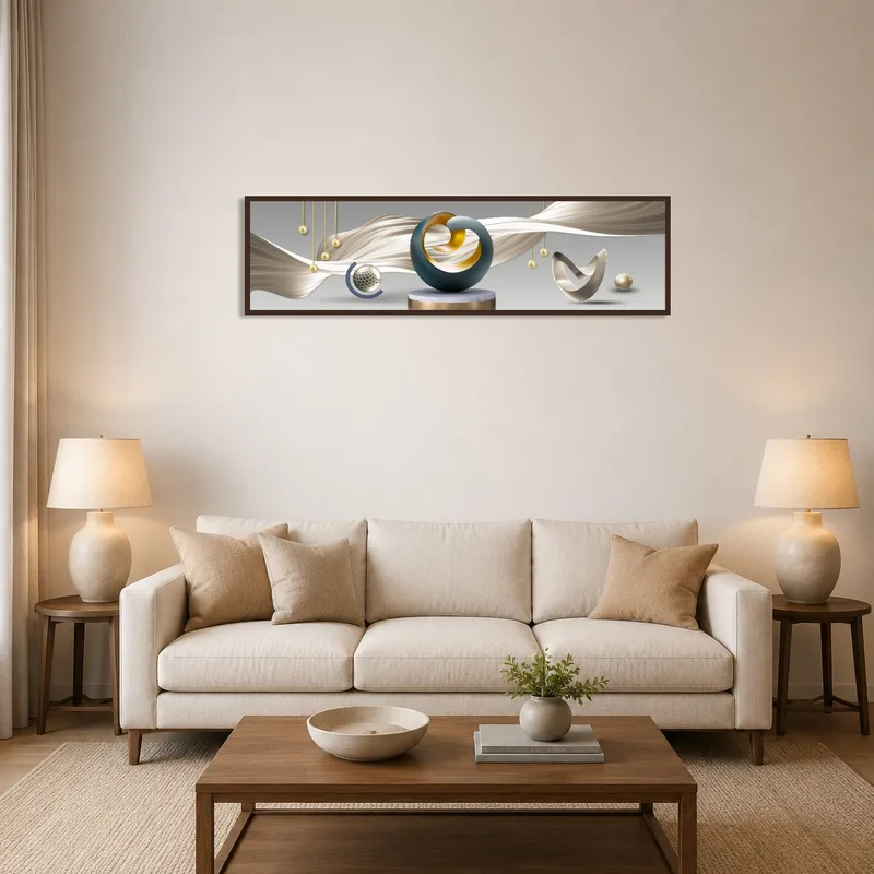 Colorful geometric art above a modern sofa in a stylish living room.