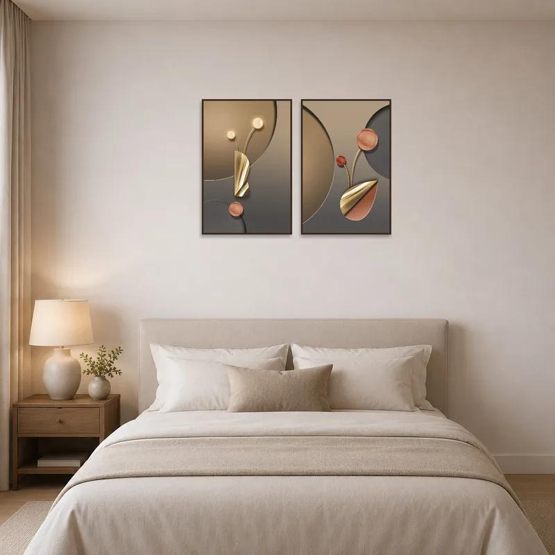 Bedroom highlighted by elegant geometric pieces with metallic accents above the bed.