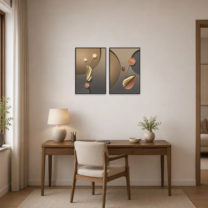 Home office featuring geometric artwork with metallic elements for a sleek look.