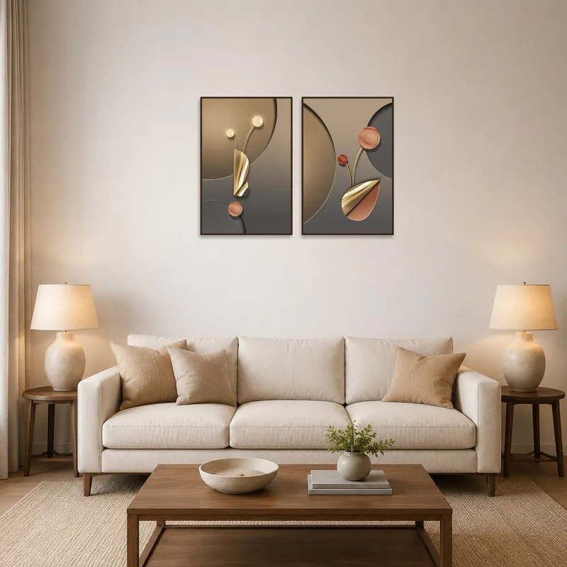 Elegant abstract geometric set with metallic accents in a modern living room setting.
