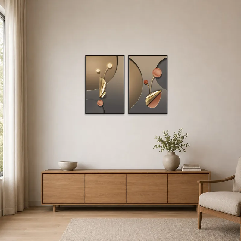 Minimalist room featuring elegant geometric art with metallic details on a white wall.