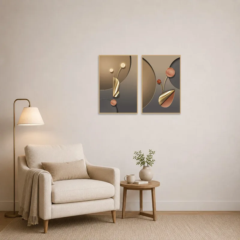 Reading corner adorned with abstract geometric art, adding sophistication to the nook.