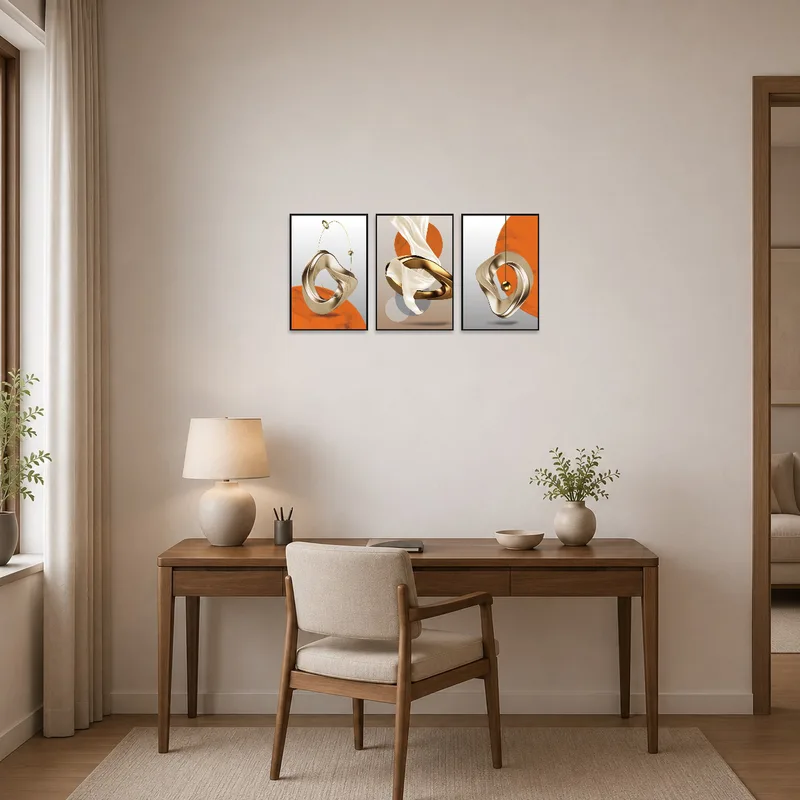 Geometric triptych set brings a touch of modernity to a home office space.