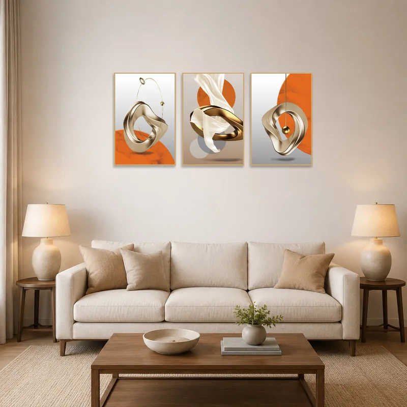 Elegant Abstract Geometric Triptych Set displayed above a modern living room sofa.