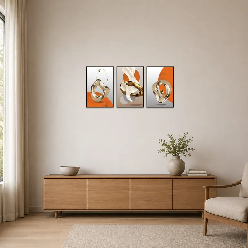 Simple lines and patterns of the triptych set accentuate a minimalist room wall.