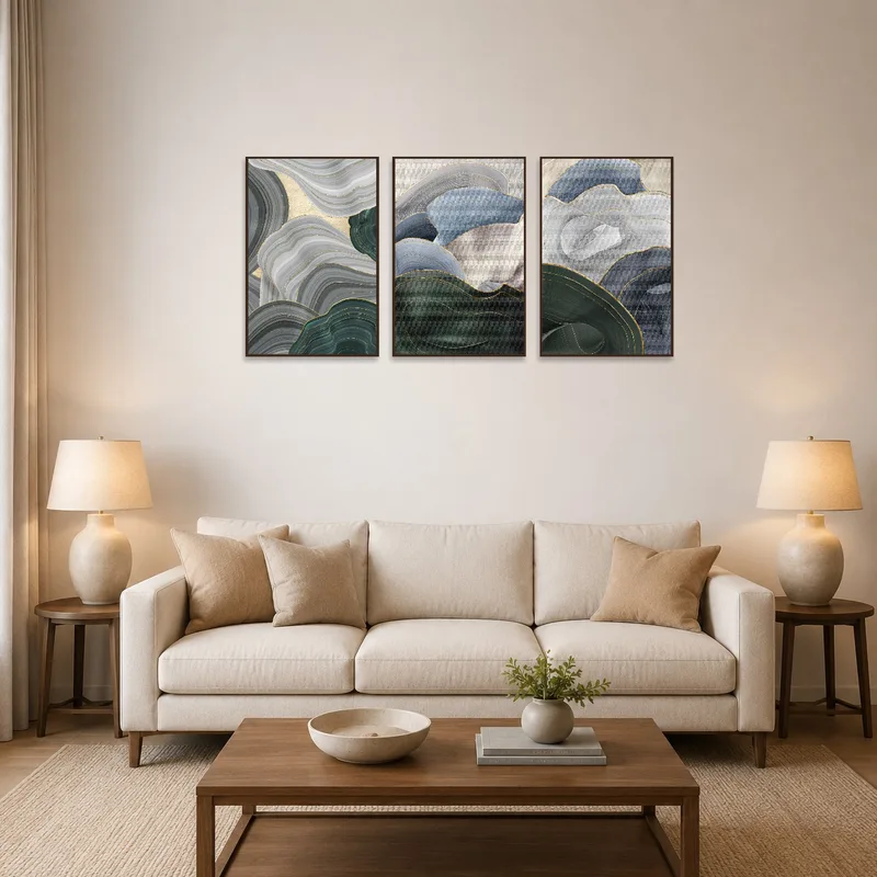 Abstract geometric triptych on living room wall above a modern sofa.
