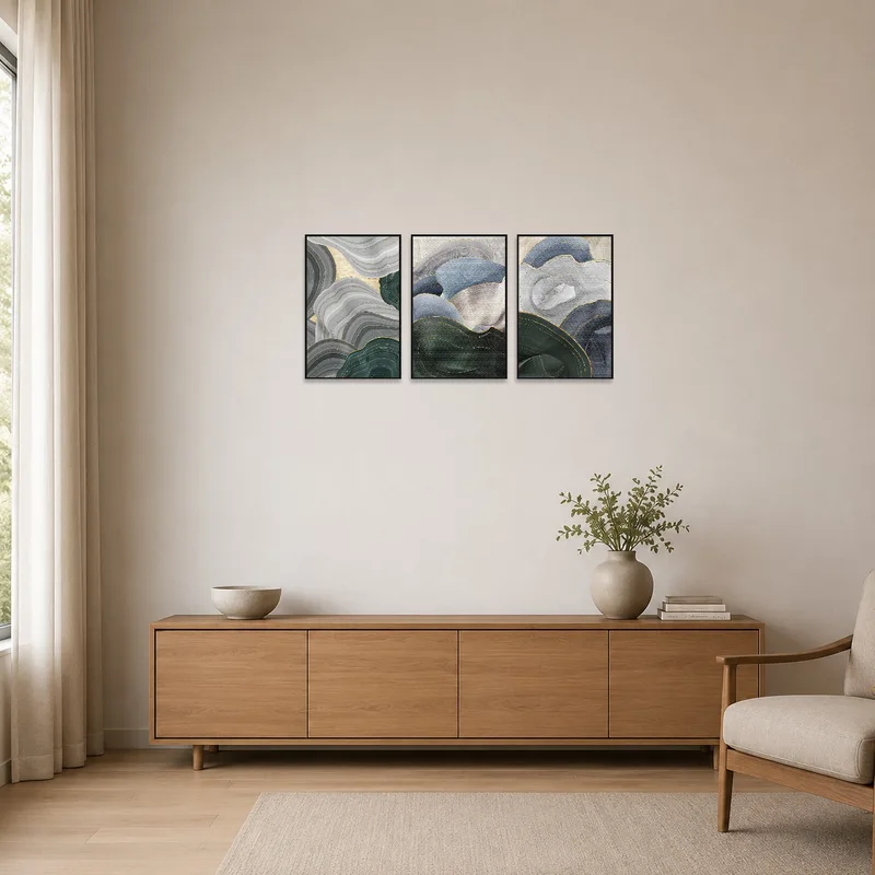 Triptych with abstract geometric patterns in a minimalist styled room.