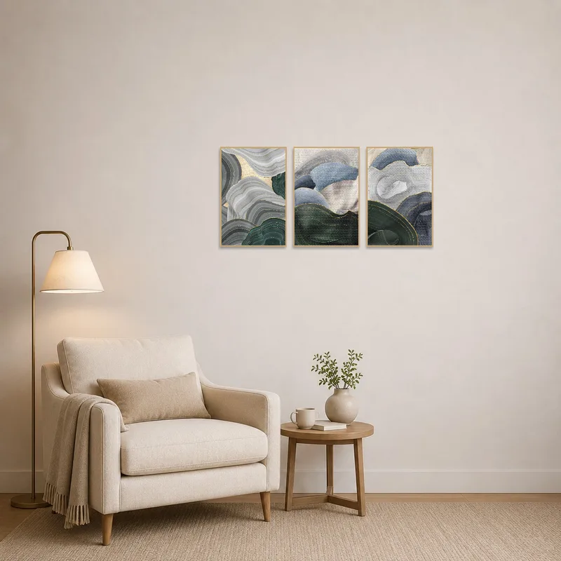 Artwork featuring geometric shapes enhancing a cozy reading corner.
