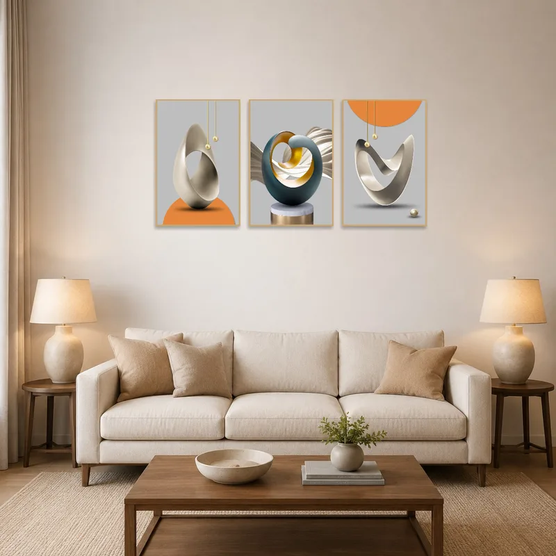 Triptych set above a modern sofa in a stylish living room.
