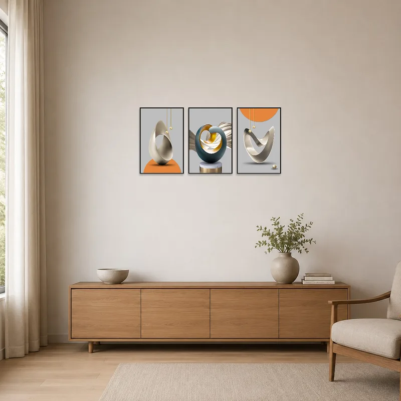 Geometric triptych against a plain wall in a minimalist space.