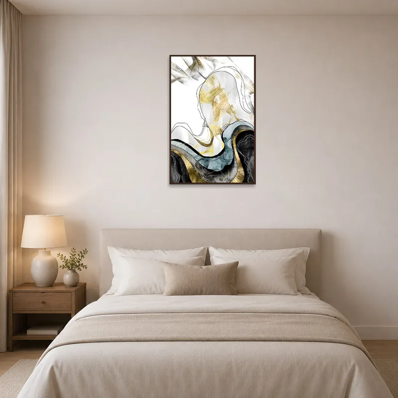 Glamorous gold and black piece as a focal point above a serene bedroom setting.