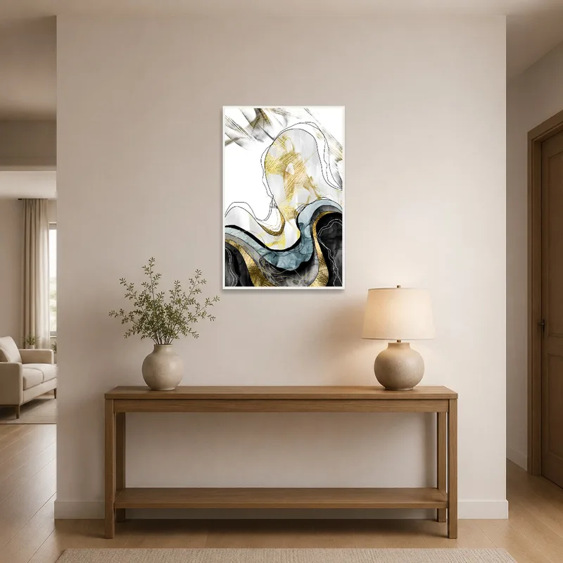 Elegant gold and black composition welcomes guests in a stylish entrance hall.