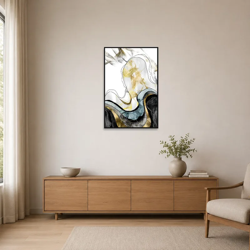 Sleek gold and black art piece adds sophistication to a minimalistic white space.