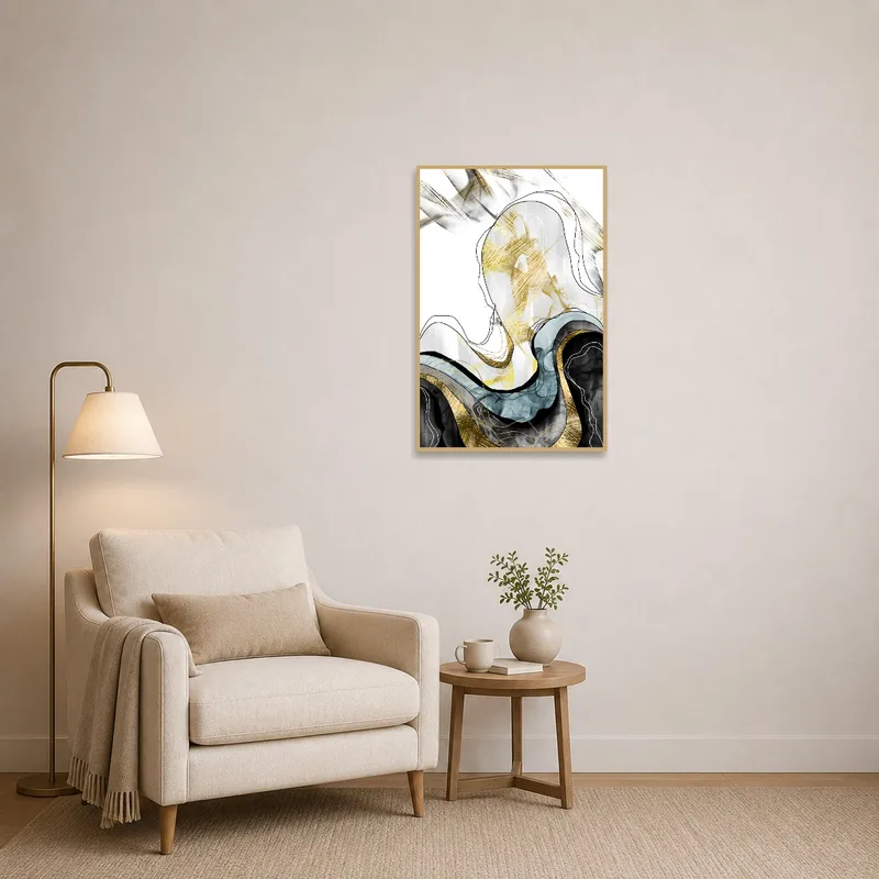 Abstract artwork enhances the ambiance of a cozy reading corner with soft lighting.