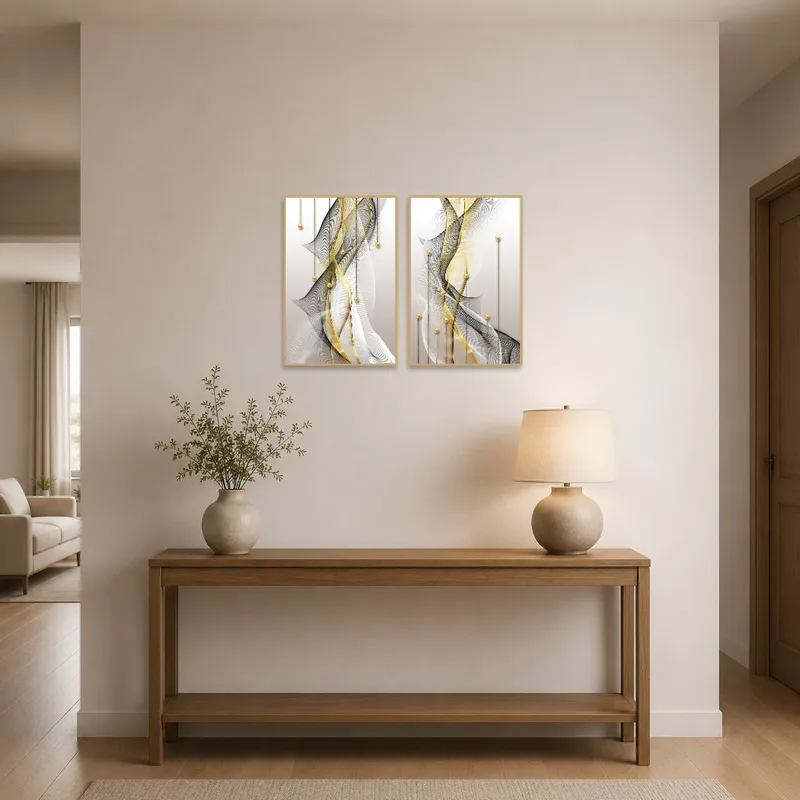 Stylish abstract lines greet guests in an elegant entrance hall.