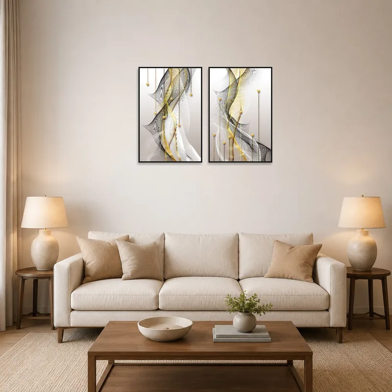 Black and gold abstract lines add luxury to a modern living room.