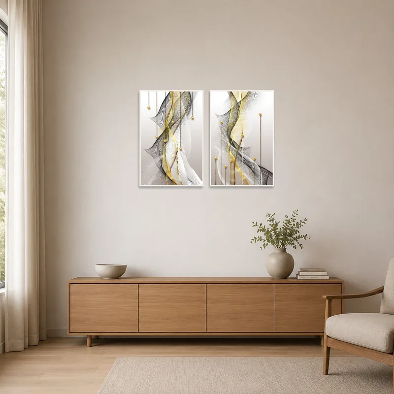 Abstract gold and black lines enhance a minimalist room's style.
