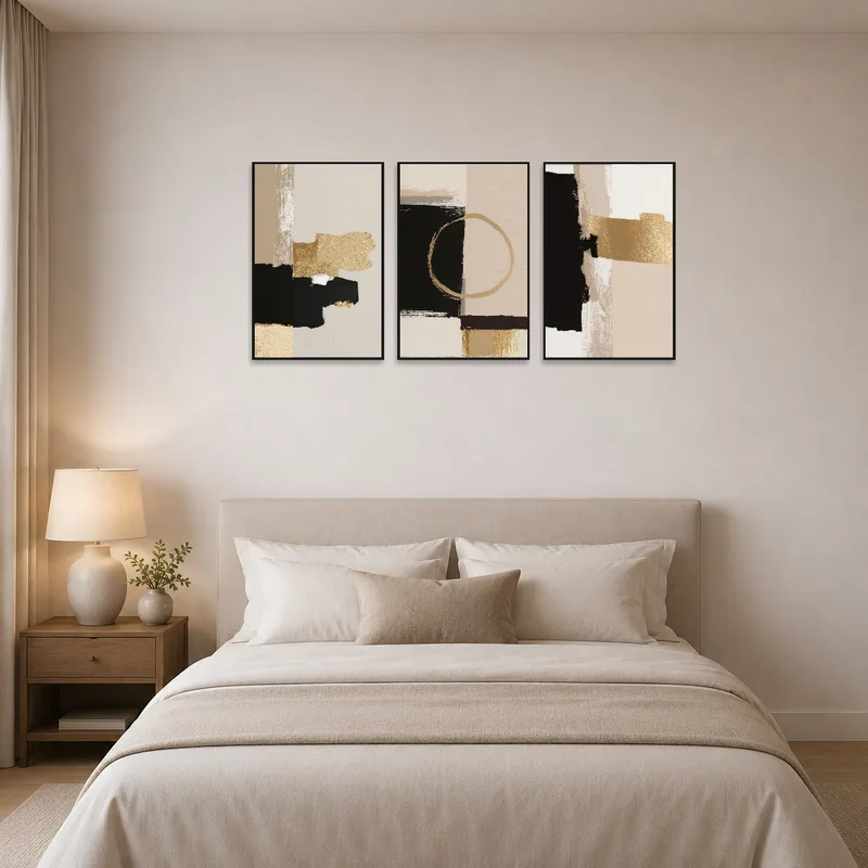 Triptych art with gold and black abstract patterns adds sophistication to a serene bedroom.