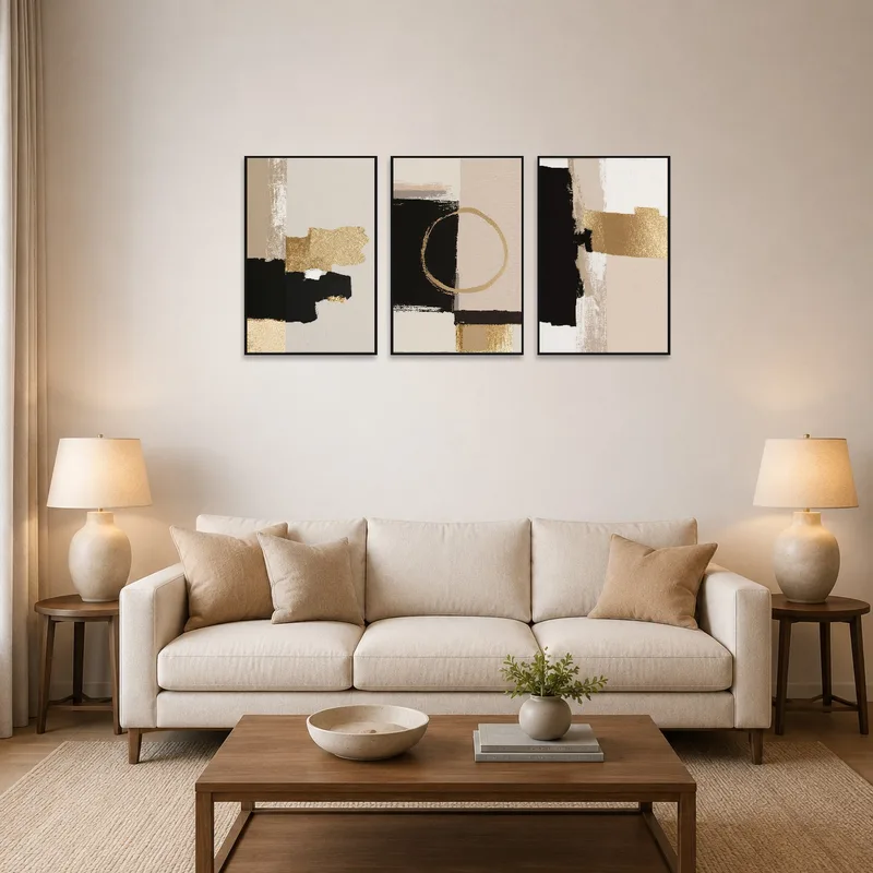 Triptych art set with gold and black abstract design above a contemporary living room sofa.