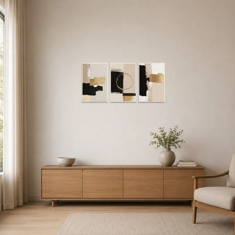 Gold and black abstract triptych art enhancing a minimalist room with sleek furnishings.