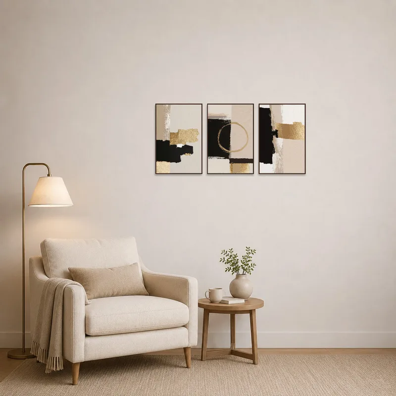 Abstract gold and black triptych art provides a focal point in a cozy reading corner.