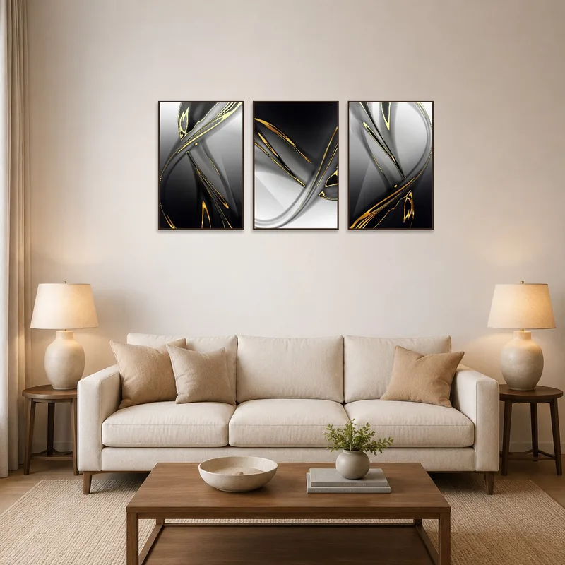 Triptych with gold and black abstract art hangs above a modern sofa in a stylish living room.