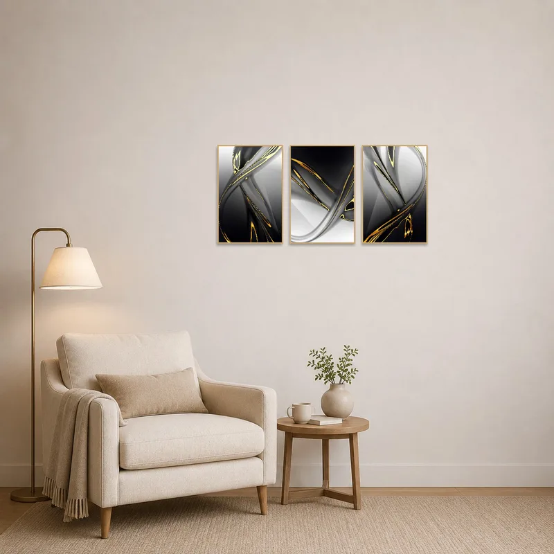 Abstract gold and black triptych adds intrigue to the cozy atmosphere of a reading corner.