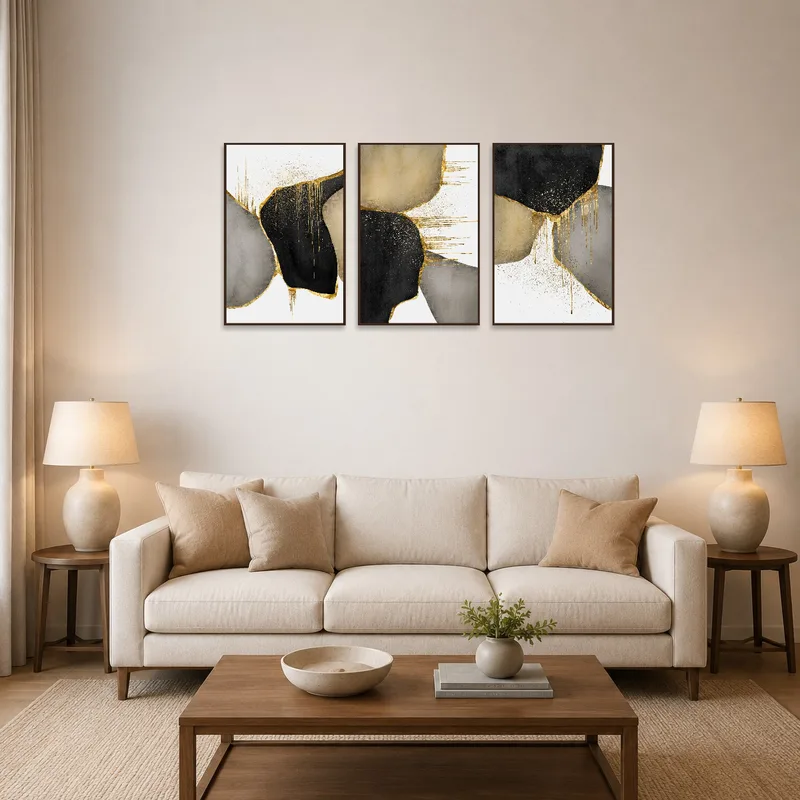 Gold and black abstract triptych set above a modern living room sofa.