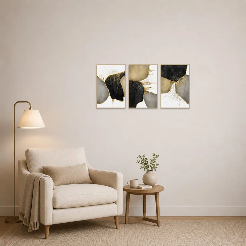 Gold and black triptych set enhancing a cozy reading corner.