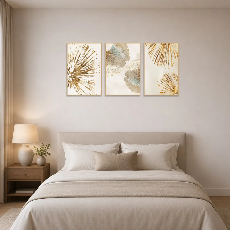 Stunning triptych with botanical theme brings tranquility to a serene bedroom.