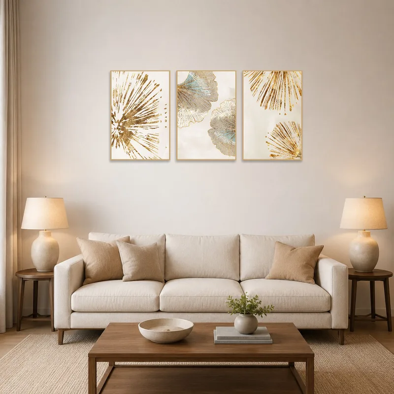 Triptych art with gold and blue botanicals above a modern sofa in a chic living room.