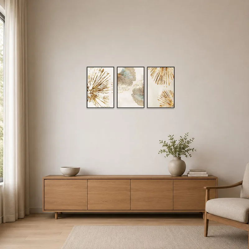 Sleek gold and blue botanical artwork enhances the clean lines of a minimalist space.