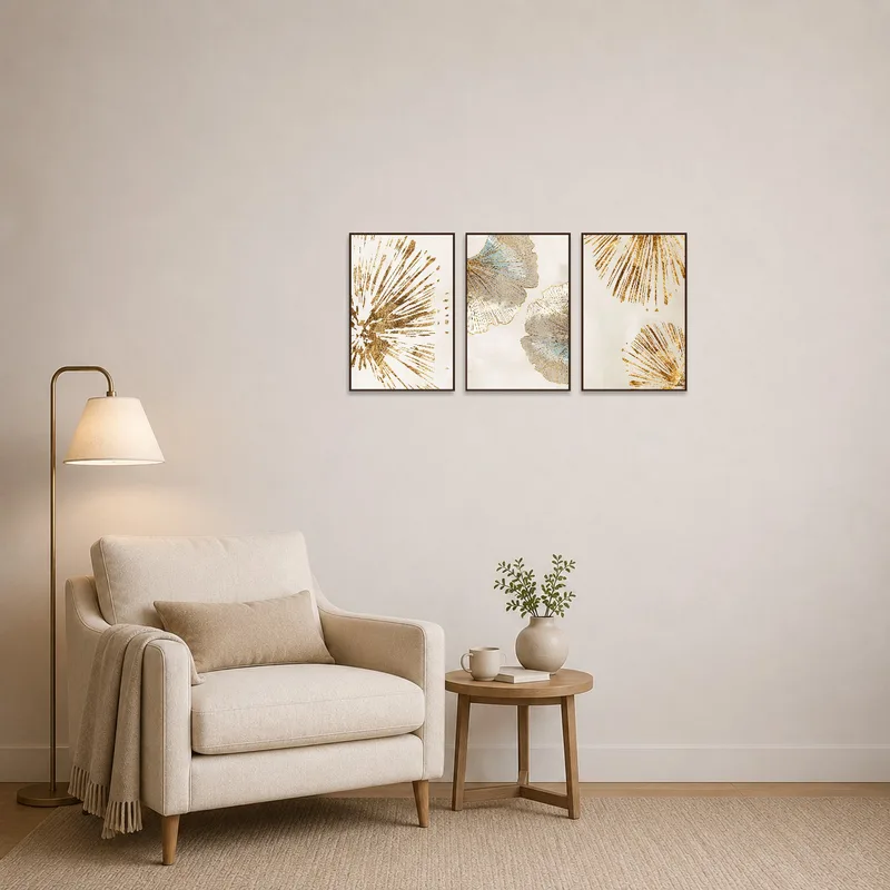 Elegant botanical art in gold and blue adorns a cozy reading corner.