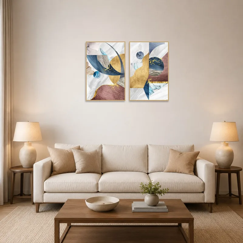 Abstract gold and blue art piece in a living room above a modern sofa.