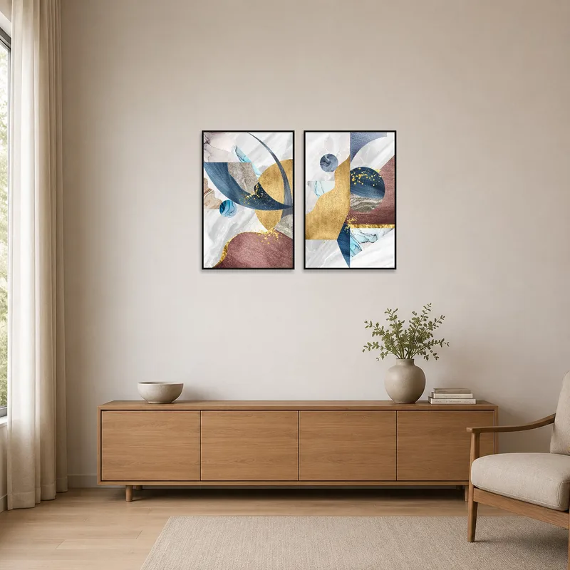 Abstract art set on a white wall in a minimalist room.
