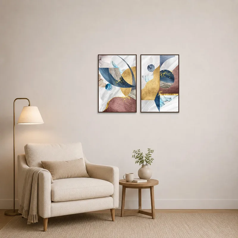 Abstract artwork adding a touch of elegance to a reading corner.