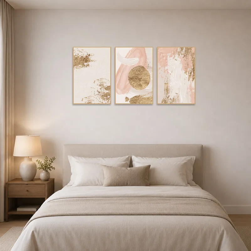Abstract art set elevating the sophistication of a stylish bedroom.
