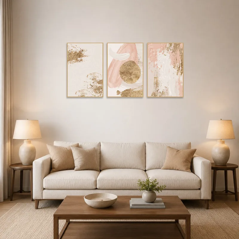 Gold and blush abstract art set adorning a chic living room wall.