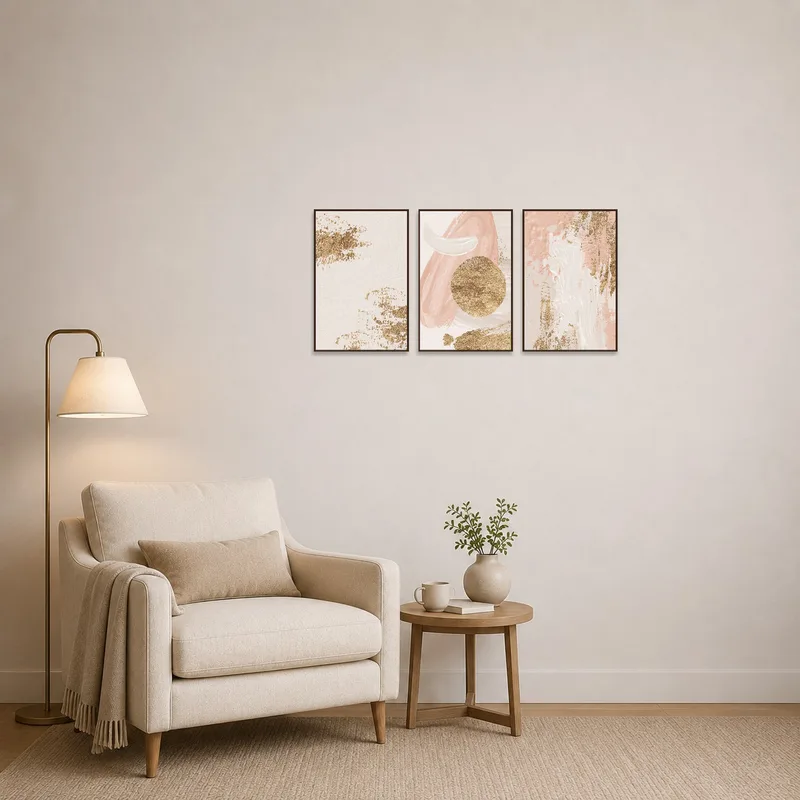 Blush and gold artwork creating a serene atmosphere in a reading nook.