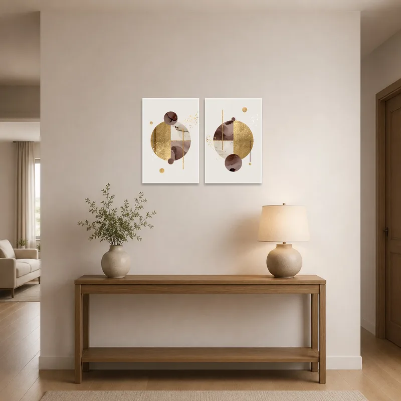 Elegant geometric set in gold and brown adorning an entrance hall with simple decor.