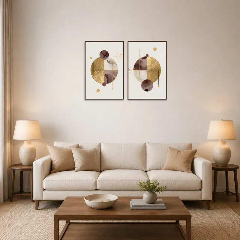 Abstract gold and brown geometric set in a living room above a modern sofa.