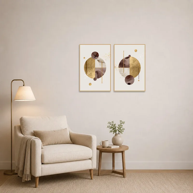 Sophisticated geometric abstract in a reading corner, complementing cozy seating.