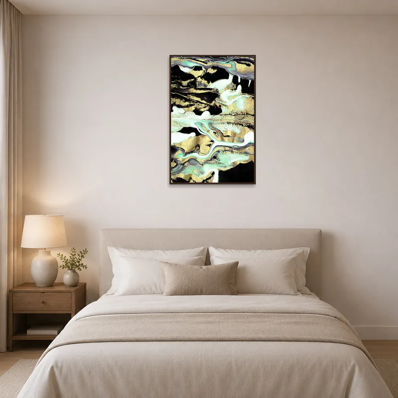 Elegant abstract canvas adorns the bedroom wall, adding luxe gold and teal hues to the decor.