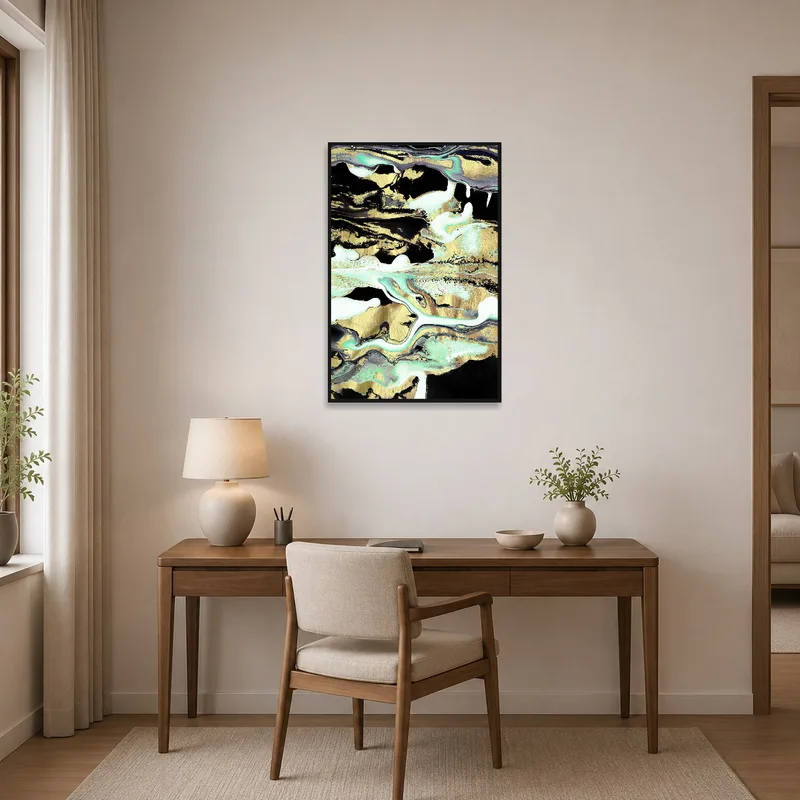 In a home office, gold and teal abstract art sparks creativity and adds sophistication to the space.
