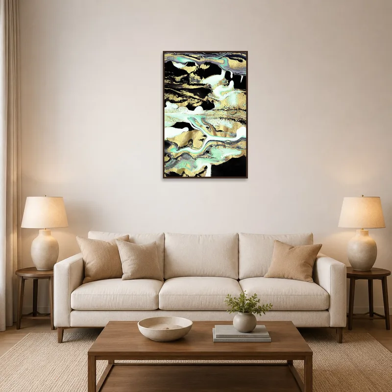 Gold and teal abstract canvas art brightens the living room wall above a sleek modern sofa.
