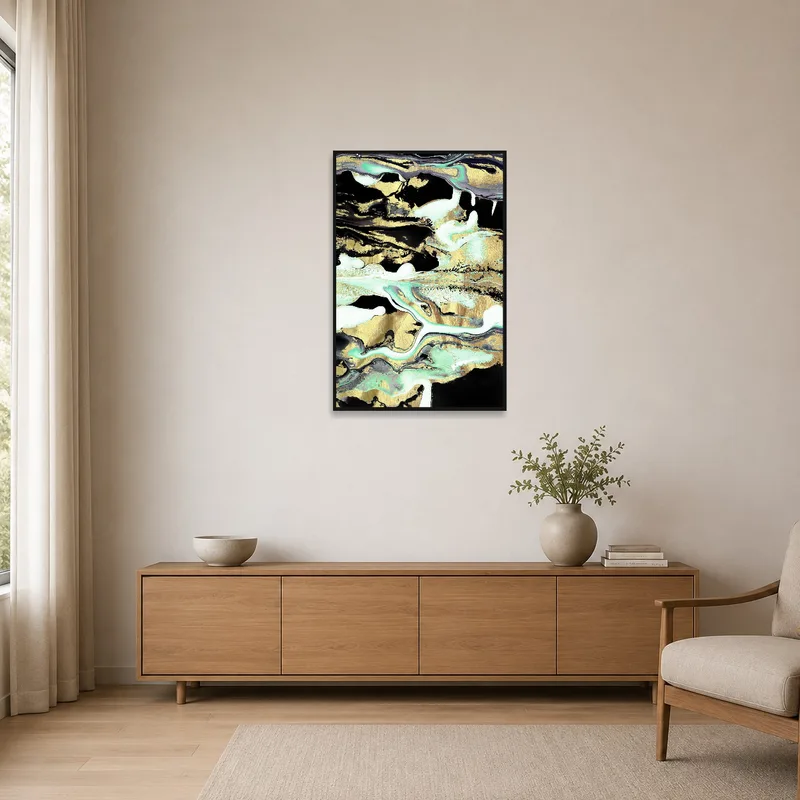 Abstract art with gold and teal tones complements the minimalist room's clean lines and white walls.