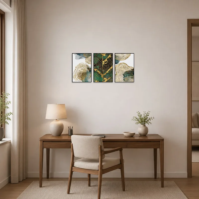 Home office enhanced by a vibrant abstract triptych in gold and teal, creating a motivating workspace.