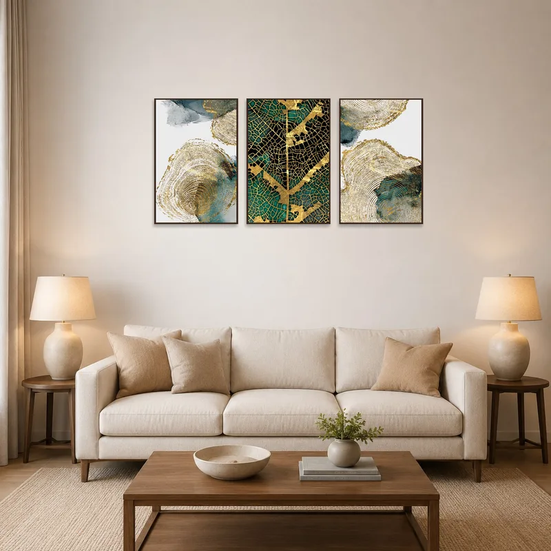 Gold and teal abstract triptych in a living room setting with cozy seating and modern furniture.